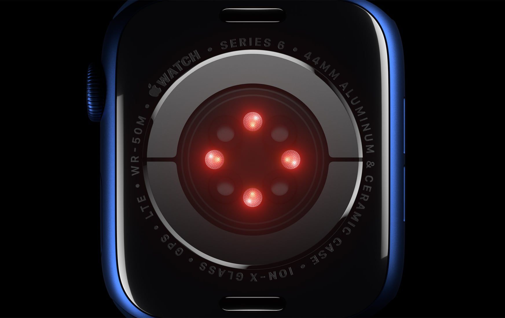 Parte posterior do Apple Watch Series 6 com sensores iluminados.