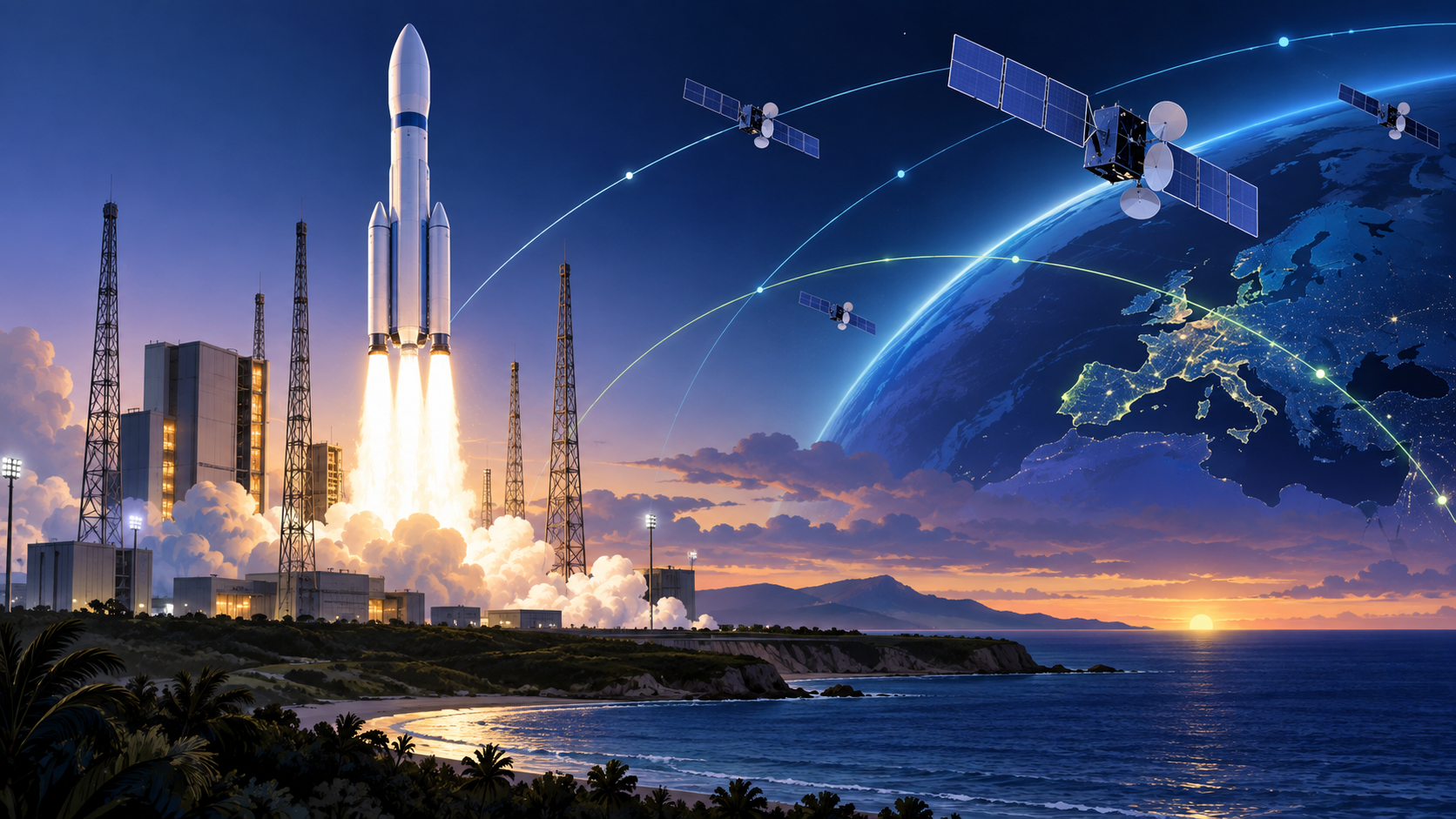 Ilustração editorial de um foguetão europeu a colocar satélites em órbita.