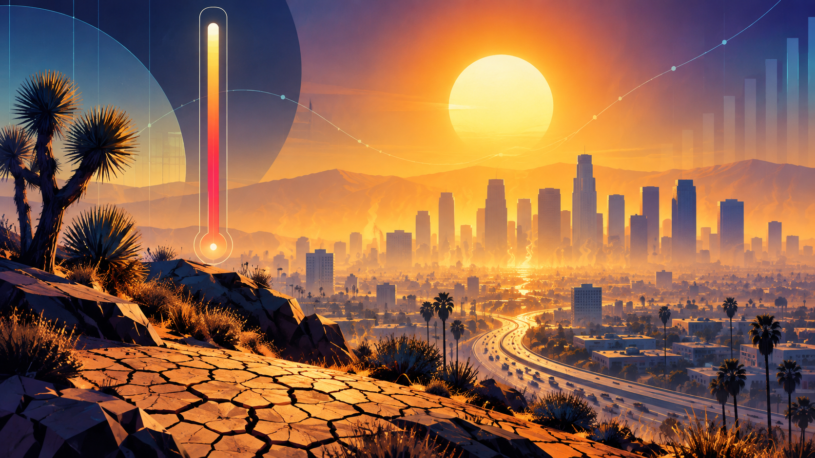 Ilustração editorial de uma cidade sob calor intenso e de um indicador de temperatura.