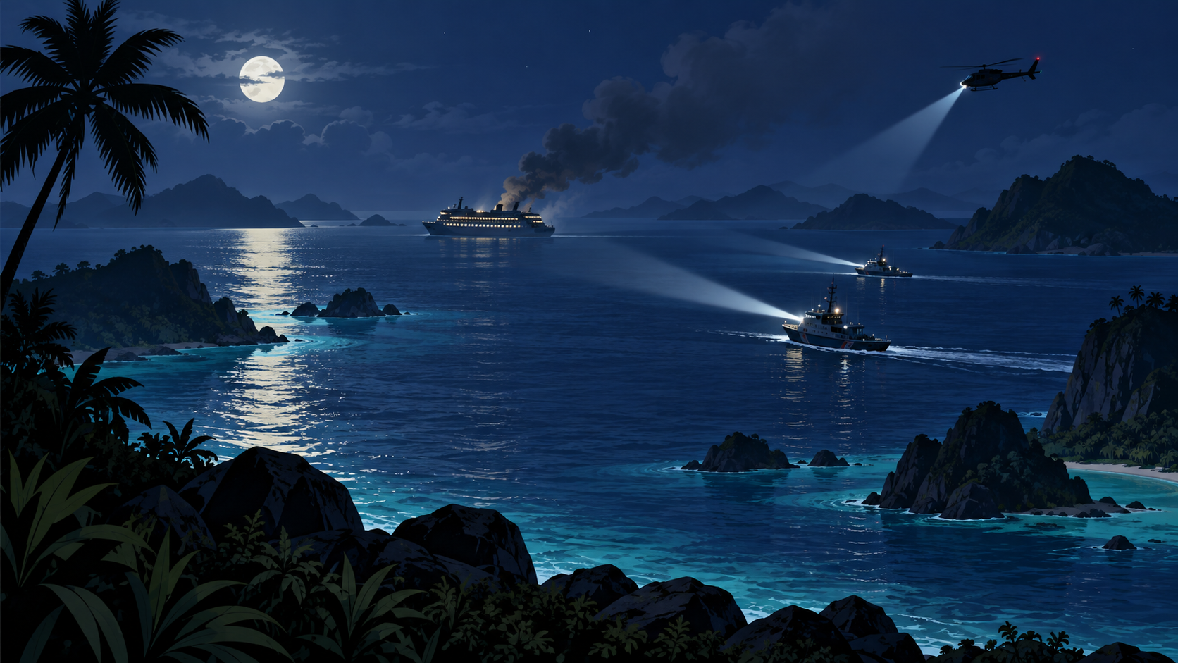 Ilustração editorial de uma operação noturna de busca junto de um ferry.