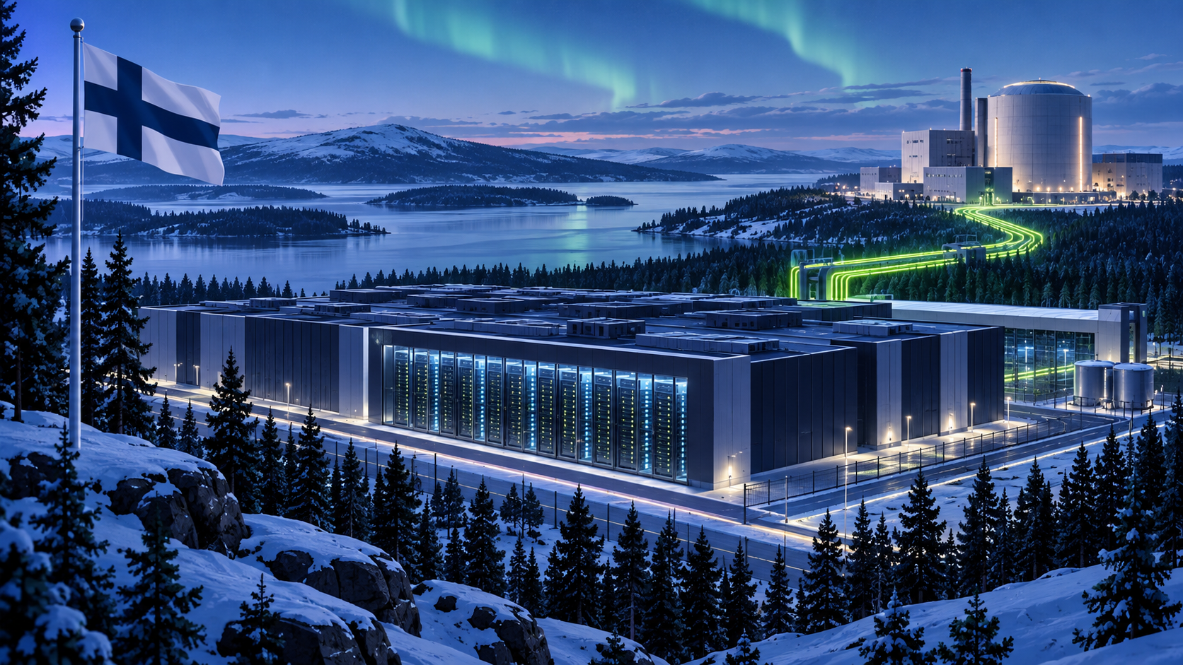 Ilustração editorial de um centro de dados finlandês ligado a uma central elétrica.