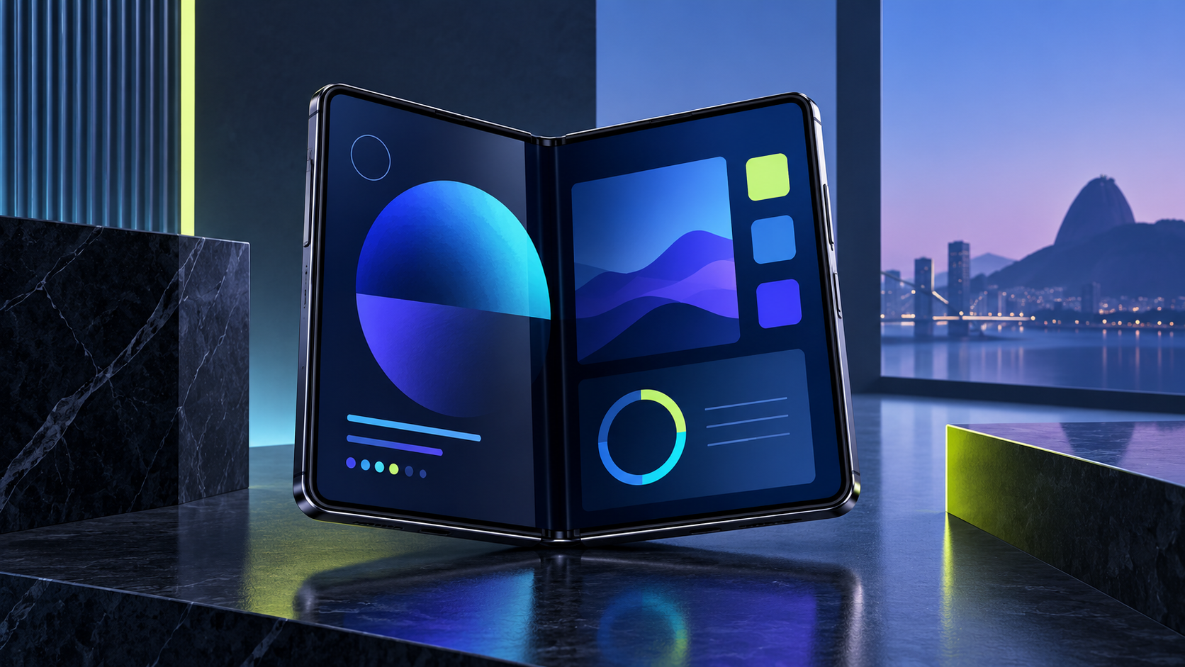 Ilustração editorial de um smartphone dobrável aberto como um pequeno tablet.