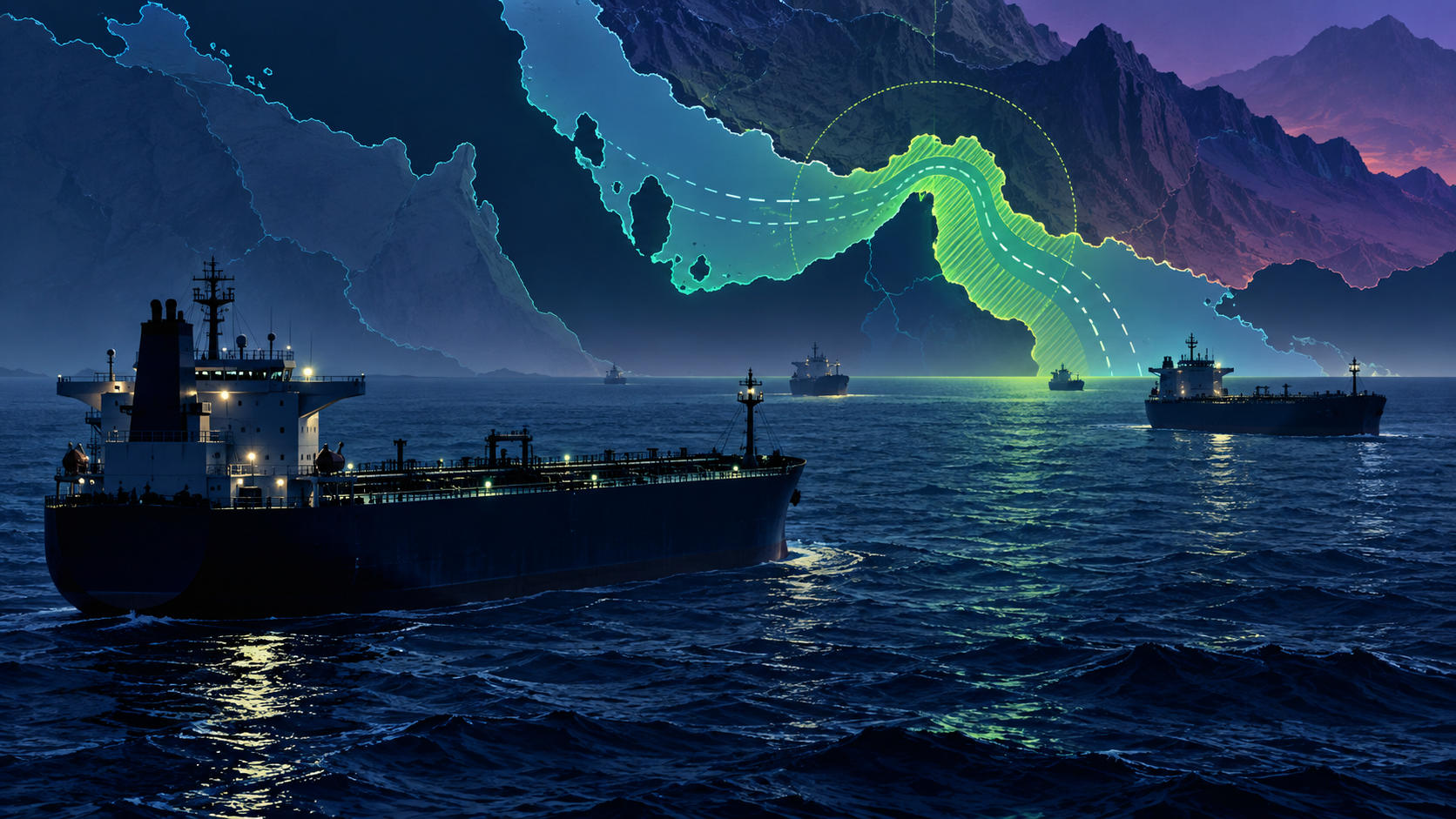 Ilustração editorial de petroleiros no estreito de Ormuz e de uma zona de navegação restrita.