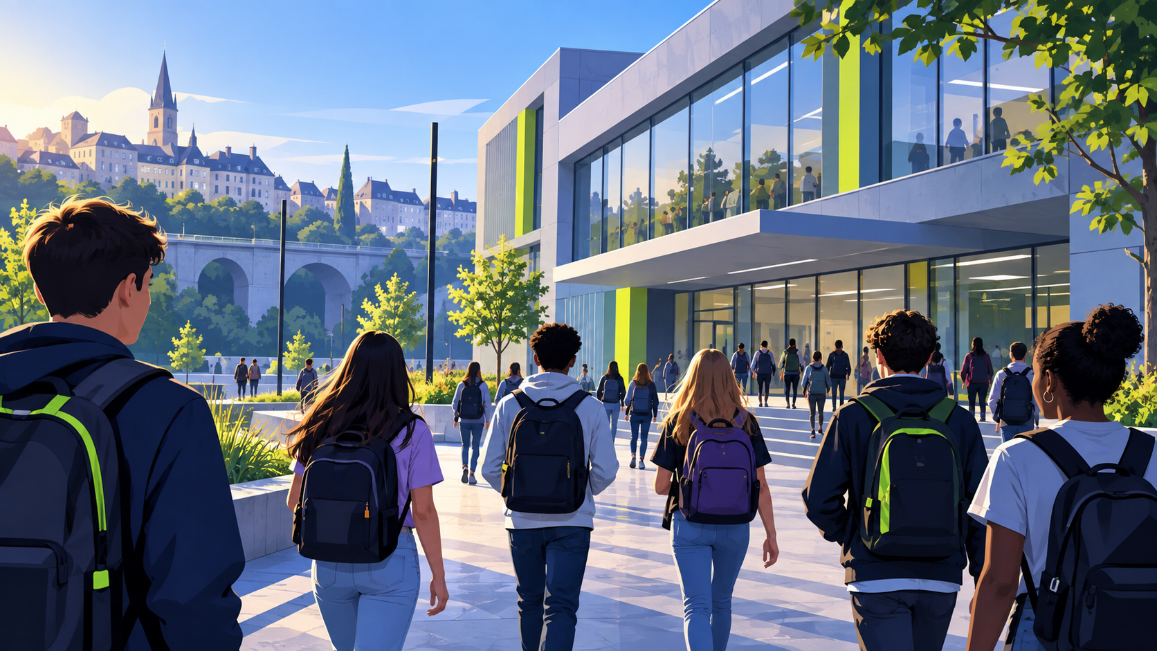 Ilustração editorial de alunos a entrar numa escola no Luxemburgo.
