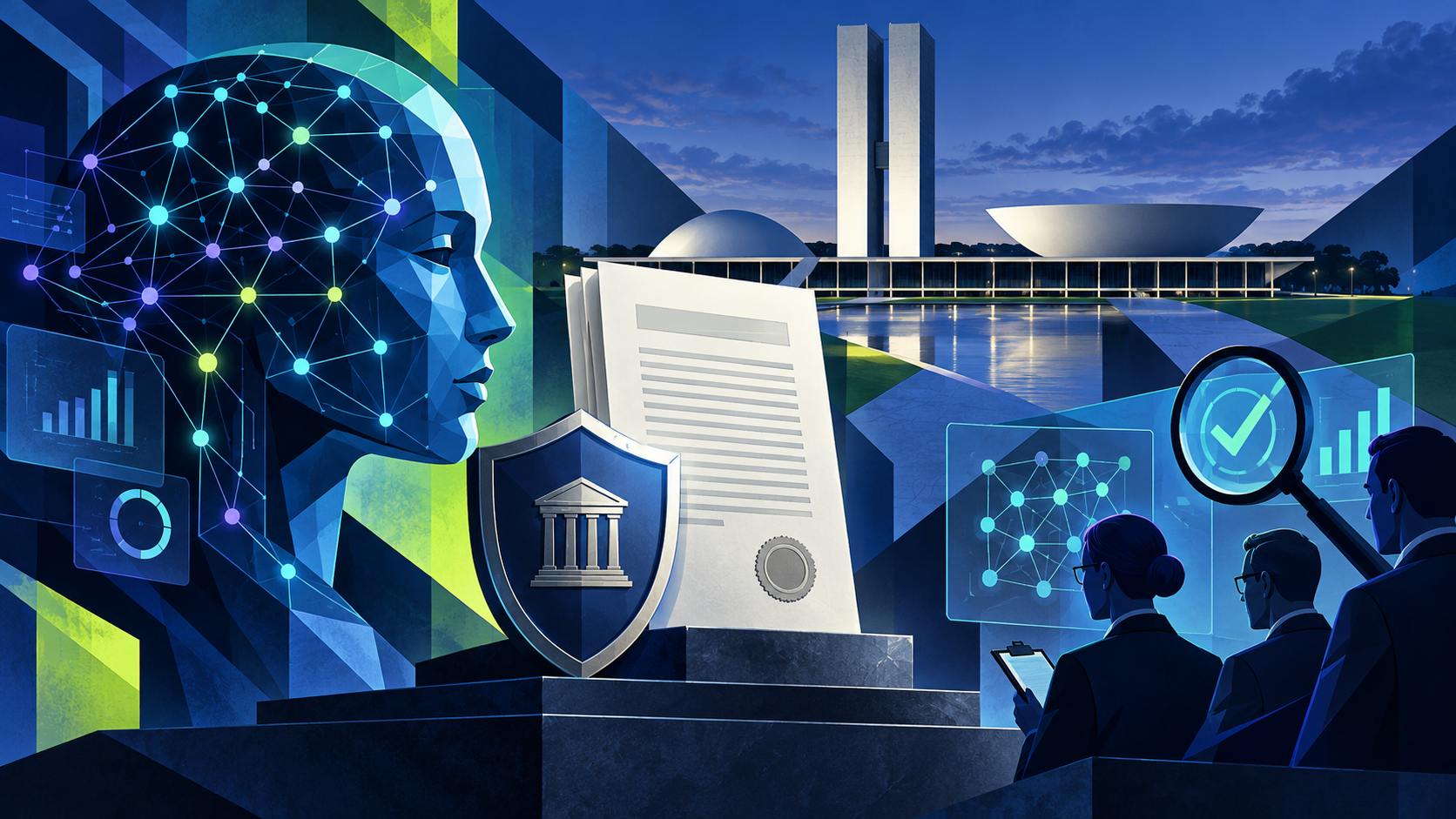 Ilustração editorial que combina uma rede de inteligência artificial, um documento legal e avaliação independente.
