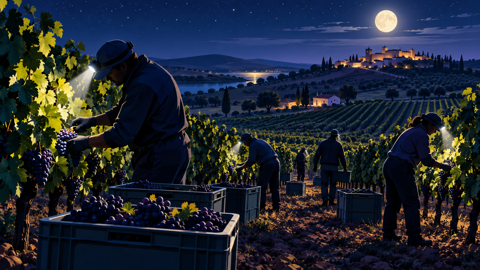 Ilustração editorial de trabalhadores a colher uvas de noite no Alentejo.